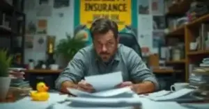 A small business owner struggles with overwhelming paperwork and stress.