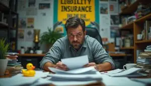 A small business owner struggles with overwhelming paperwork and stress.