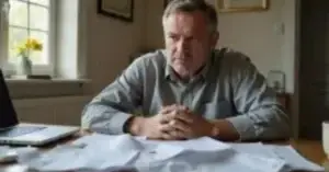 Middle-aged individual intensely reviews professional liability insurance documents at home.