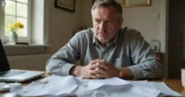 Middle-aged individual intensely reviews professional liability insurance documents at home.