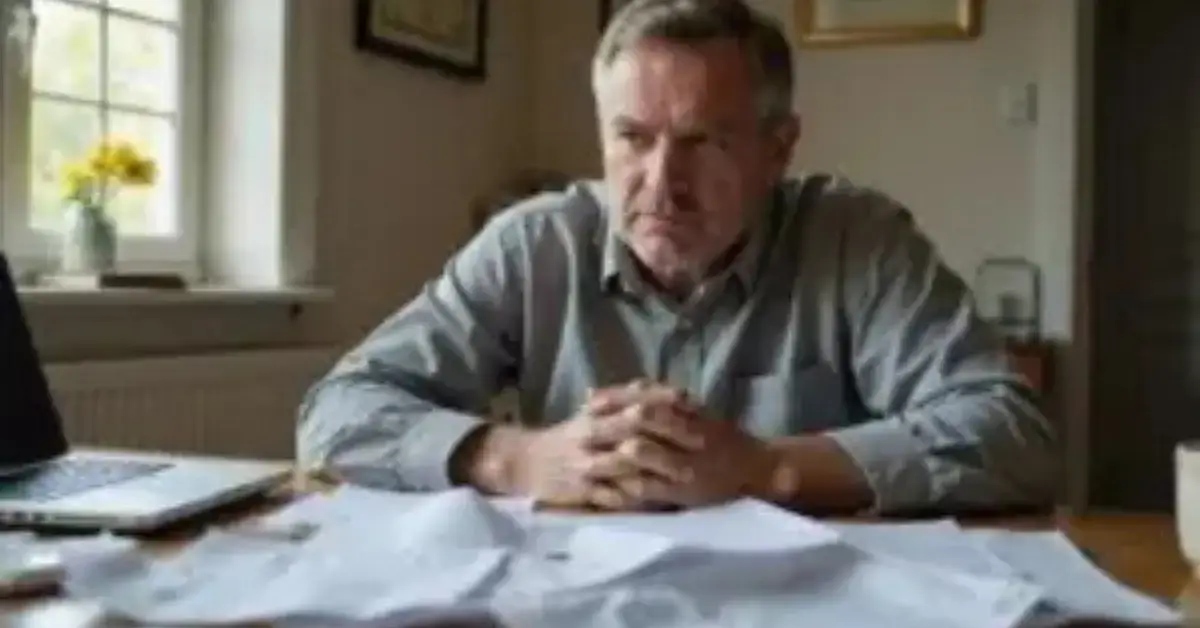 Middle-aged individual intensely reviews professional liability insurance documents at home.