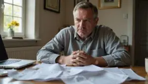 Middle-aged individual intensely reviews professional liability insurance documents at home.