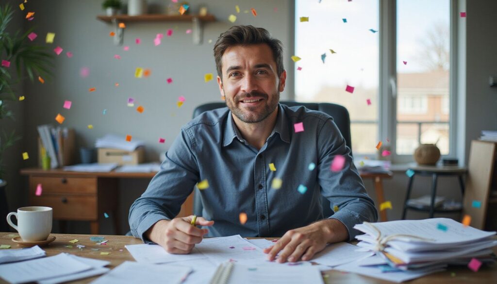 A frazzled business owner amidst chaotic paperwork and confetti disaster. A frazzled business owner amidst chaotic paperwork and confetti disaster.